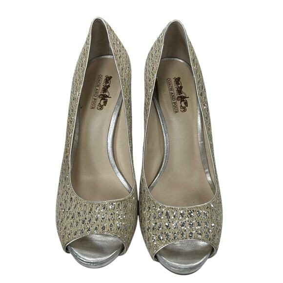 Coach And Four Gold Silver Sequin Sparkle Open Toe Heels Womens 8 AS IS - Picture 4 of 10